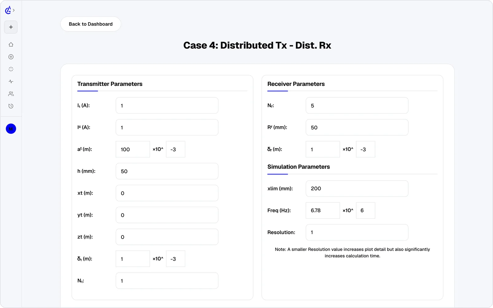 Case setup form with coil turns, size, spacing and current inputs