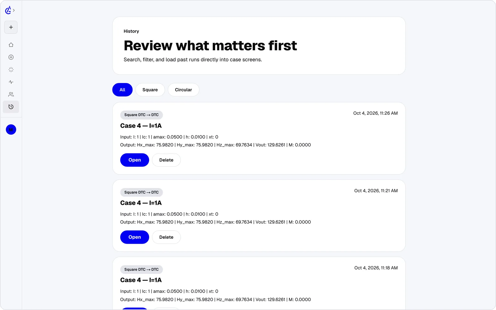 History page listing previous simulation runs