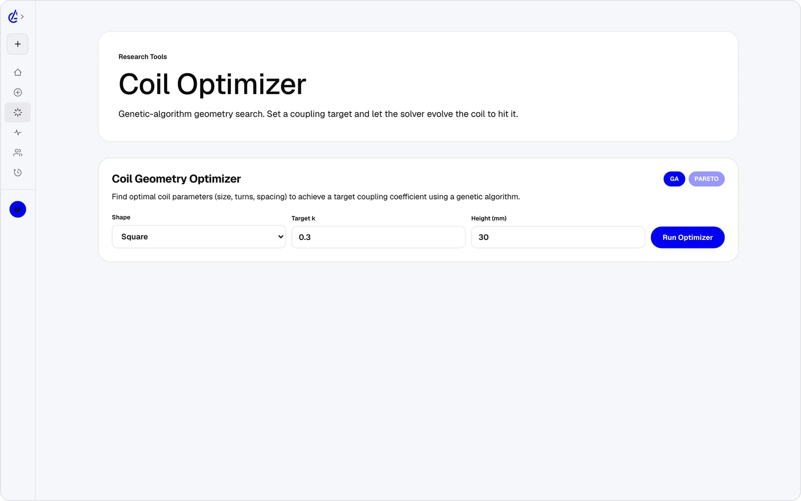 Optimizer page with target settings and candidate designs